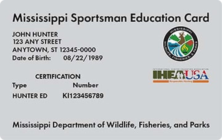 Mississippi hunter education card illustrated, get a Mississippi hunting license concept.