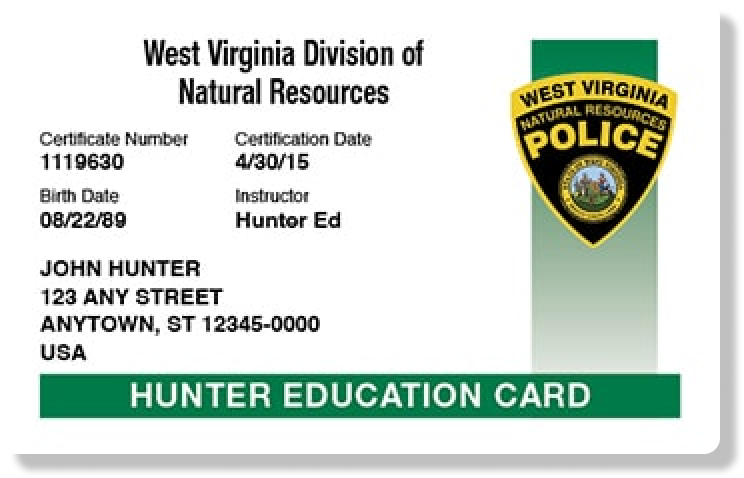 Illustration of the West Virginia hunter education card needed for hunting license.