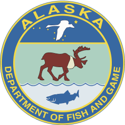 Alaska Department of Fish and Game logo, get an Alaska hunting license concept. 