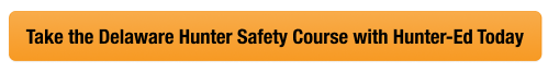 Button with text to take the Delaware hunter safety course with Hunter-Ed, get a Delaware hunting license concept. 