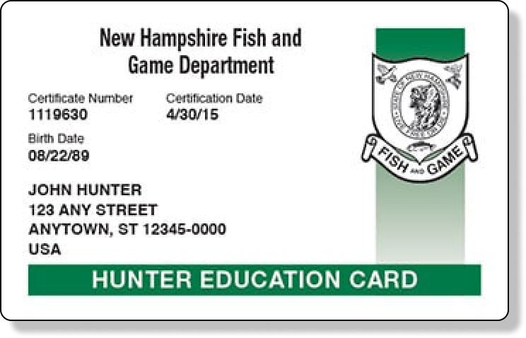 Illustration of the New Hampshire hunter education card, get a NH hunting license concept. 