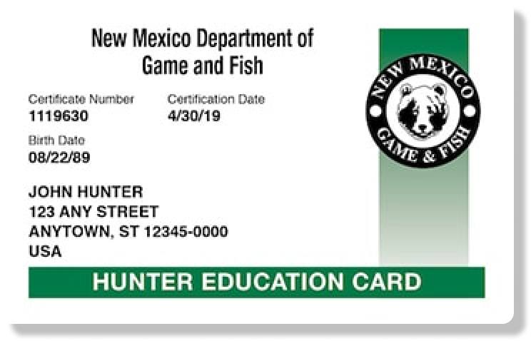 Illustration of the New Mexico hunter education card, get a NM hunting license concept.