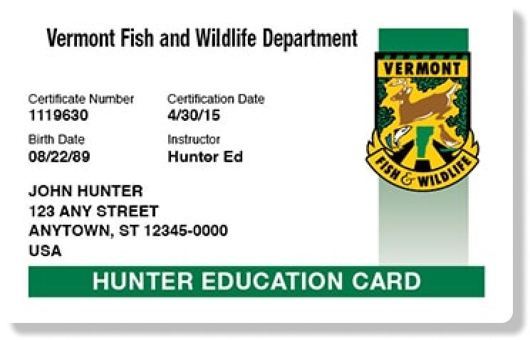 Illustration of the Vermont hunter education card, get a VT hunting license concept.