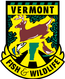 Vermont Fish & Wildlife logo in color, hunting license in Vermont concept.