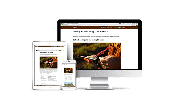 Hunter-ed course shown on various device screens, hunter safety course online concept. 