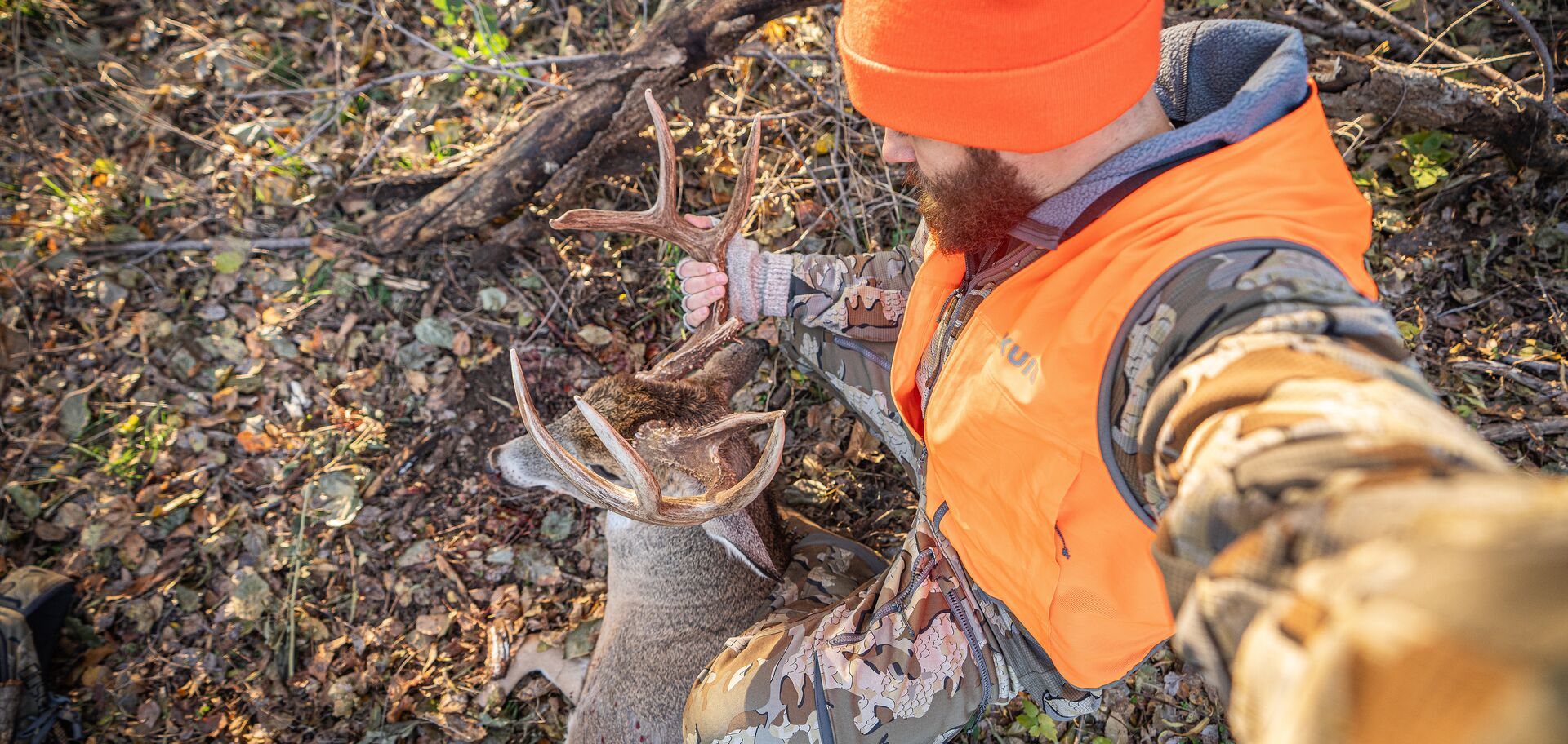 Overhead view of hunter in orange with buck deer, get a Texas hunting license concept.