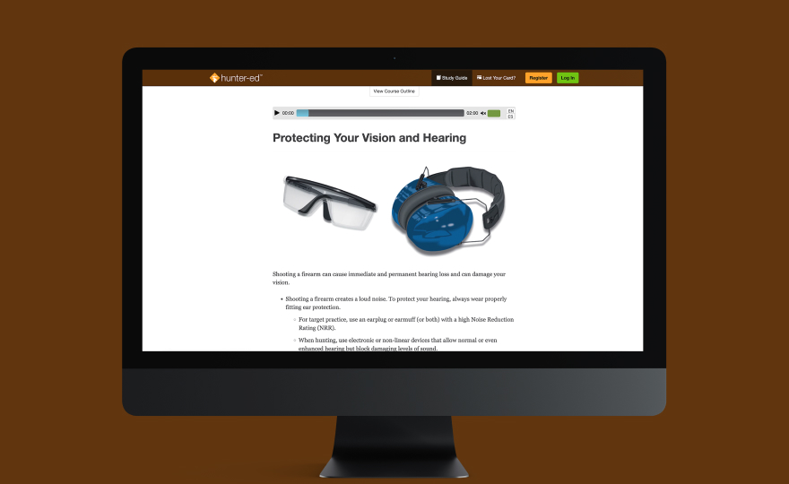 Hunter-Ed course shown on computer screen, take an online hunter safety course concept.