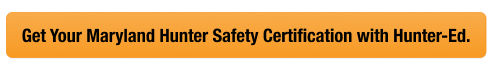 Button with text get your Maryland hunter safety card, look up Maryland hunter education card concept.