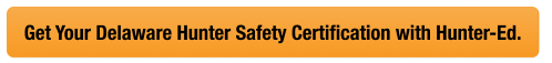 CTA with text get your DE hunter safety card, look up Delaware hunter safety card concept.