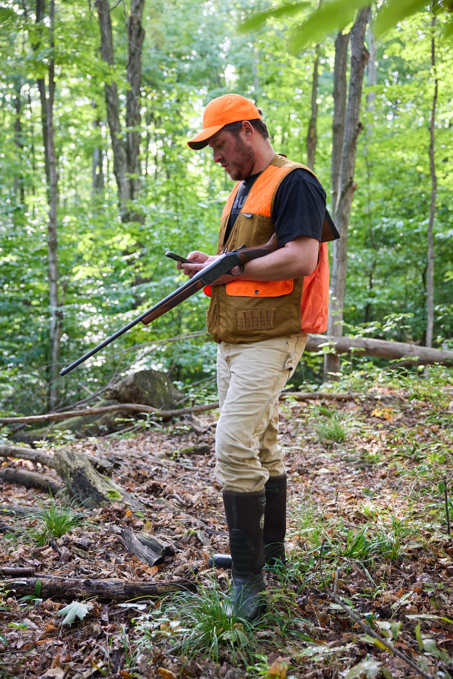 Hunter wears blaze orange in woods with shotgun, Illinois hunter safety concept. 