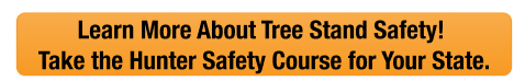Button CTA with text learn more with hunter safety course, hauling hunting equipment into a tree stand concept. 