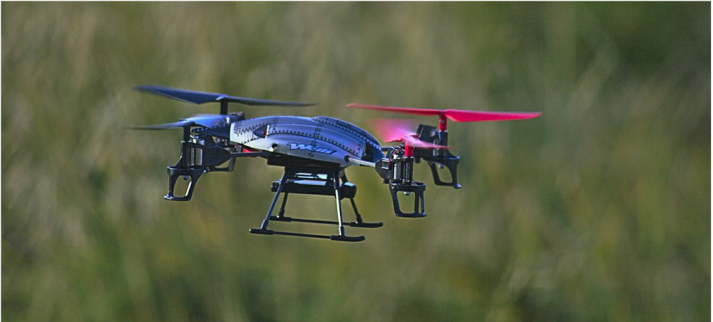 Close-up of a drone in flight, hunting with drones concept.
