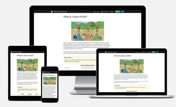 A graphic of an online hunter education course on various screens. 