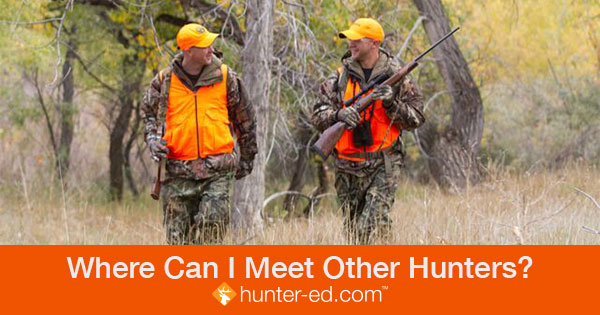 Two hunters in a field with text overlayed, Where Can I Meet Other Hunters?