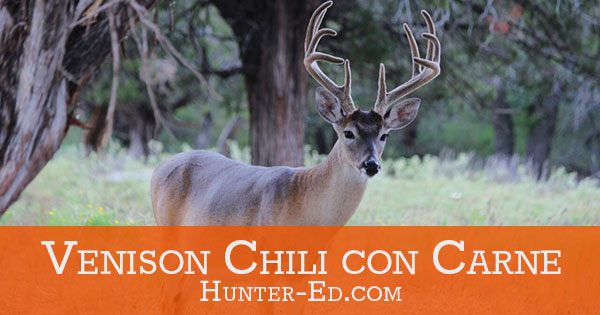 Image with a deer and text Venison Chili Con Carne, wild game recipes concept. 