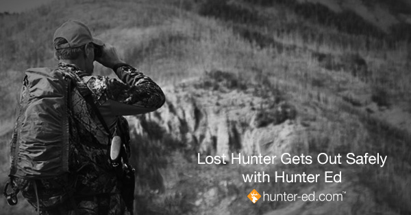 A person using binoculars outdoors with text "Lost Hunter Gets Out Safely", Hunter-Ed concept. 