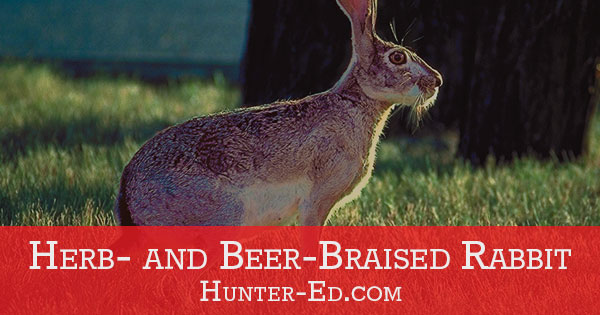 Photo of a rabbit with text Herb- and Beer-Braised Rabbit, wild game recipes concept. 